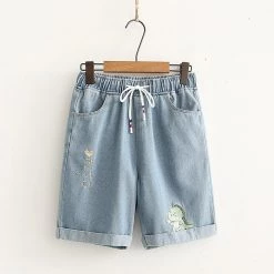 Juwas Japanese Letters Dinosaur Embroidery Shorts CLOTHING