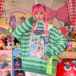 Juwas Harajuku Cartoon Print Stripe Loose Hoodie CLOTHING