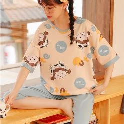 Juwas NEW ARRIVAL Cute Cartoon Cow Print Summer Cotton Pajamas Set