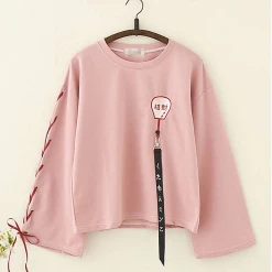 Juwas Kawaii Harajuku Lucky Fan Embroidery Strappy Sleeves Top