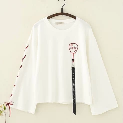 Juwas Kawaii Harajuku Lucky Fan Embroidery Strappy Sleeves Top