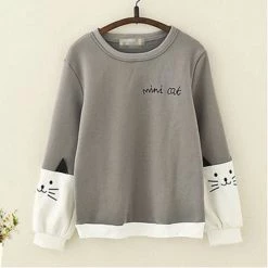 Juwas.com Online Store NEW ARRIVAL Mini Cat Embroidery Long Sleeve Sweatshirt
