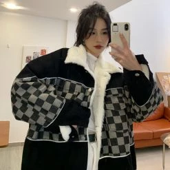 Juwas Gothic Black Checkered Button Up Loose Coat NEW ARRIVAL