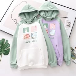 Juwas Cartoon Rabbit Letter Print Pocket Hoodie