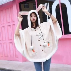 Juwas CLOTHING Cute Rabbit Hear Warm Cloak With Fuzzy Ball Drawstring