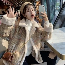 Juwas Vintage Plaid Warm Short Cotton Coat