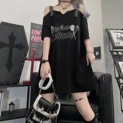 Juwas Gothic Letters Rose Print Off-The-Shoulder Long T-shirt NEW ARRIVAL