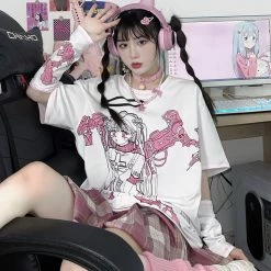 Juwas Anime Sad Mecha Girl Graphic Loose Tee Shirt NEW ARRIVAL