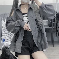 Juwas NEW ARRIVAL Vintage Lace Up Off-The-Shoulder Streetwear Shirt