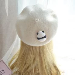 Juwas NEW ARRIVAL Panda Back White Beret Hat