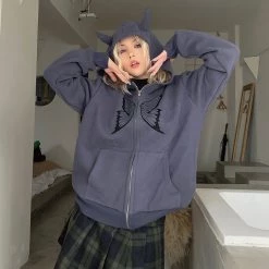 Juwas Butterfly Print Zip Up Little Devil Hoodie