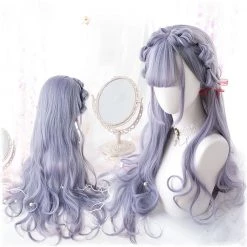 Juwas Harajuku Ash Grey Air Bangs Long Wavy Wig