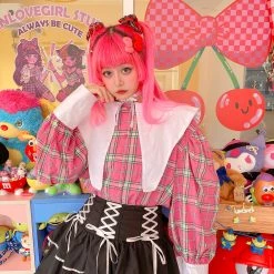 Juwas Harajuku Plaid Doll Collar Loose Shirt CLOTHING