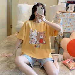 Juwas NEW ARRIVAL Bear And Rabbit Print Summer Cotton Pajamas Set