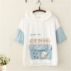 Juwas Japanese Letter Cats Print T-shirt Denim Short Set NEW ARRIVAL