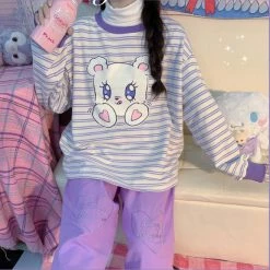 Juwas NEW ARRIVAL Sparkly Eyes Bear Striped Sweatshirt