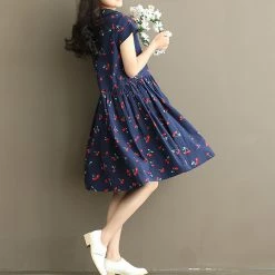 Juwas Cherry Printed Cotton Linen Dress NEW ARRIVAL