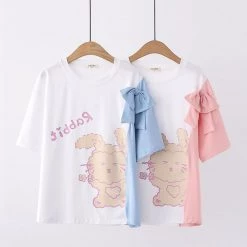 Juwas Rabbit Side Sleeve Bow Ribbon T-Shirt