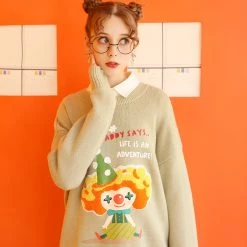 Juwas Adorable Clown Girl Print Collared Sweater CLOTHING