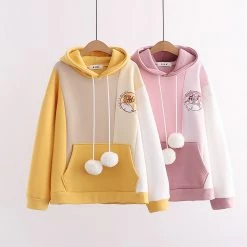 Juwas Japanese Cat Print Fuzzy Ball Drawstring Hoodie CLOTHING