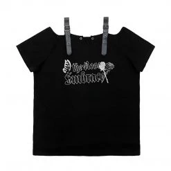 Juwas Gothic Letters Rose Print Off-The-Shoulder Long T-shirt NEW ARRIVAL