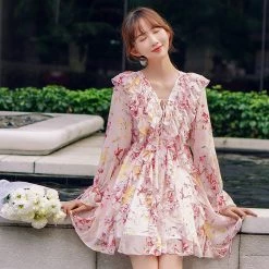 Juwas CLOTHING Pink Floral Ruffle Chiffon Mini Dress
