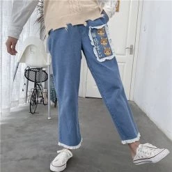 Juwas Kawaii Bear Tassel Denim Pants