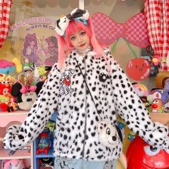 Juwas Cute Puppy Print Loose Fuzzy Warm Coat Jacket CLOTHING