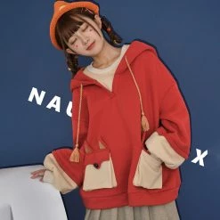 -Juwas Red Foxy Fake Two-Piece Hoodie