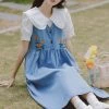Juwas NEW ARRIVAL Japanese Doll Collar Floral Embroidery Loose Denim Dress