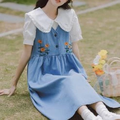 Juwas NEW ARRIVAL Japanese Doll Collar Floral Embroidery Loose Denim Dress