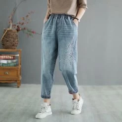 Juwas Retro Flower Embroidery Elastic Waist Cropped Jeans NEW ARRIVAL