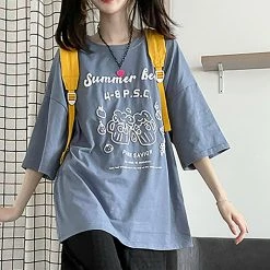 Juwas Summer Bear Letter Print Round Collar T-shirt