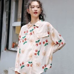 Juwas Vintage Style Cherries Long Sleeve Shirt