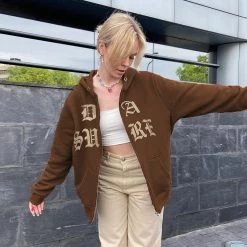 Juwas Brown Letters Embroidery Zip Up Hoodie NEW ARRIVAL