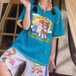 Juwas Cartoon Girls Print Cotton T-shirt