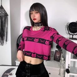 Juwas Gothic Cat Black Pink Knitted Sweater Top CLOTHING