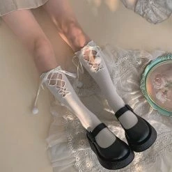 Juwas Ribbon Lace-up Balls Cotton Lolita Stockings