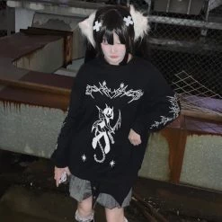 Juwas Gothic Harajuku Print Black Sweater NEW ARRIVAL