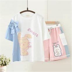 Juwas NEW ARRIVAL Cartoon Rabbit Print Bowknot T-shirt Shorts Set