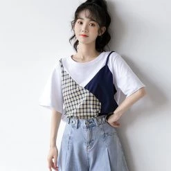 Juwas Plaid Color Block Round Collar T-shirt