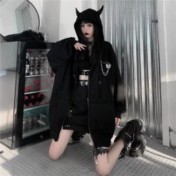 Juwas Goth Black Devil Horns Oversize Jacket