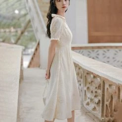 Juwas NEW ARRIVAL French Vintage Square Neck Bowknot Dress