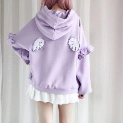 Juwas NEW ARRIVAL Angel Cat Purple Ruffle Sleeves Hoodie