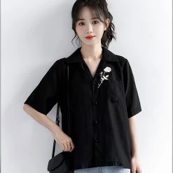 Juwas Vintage Floral Embroidery Pocket Short Sleeve Shirt