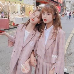 Juwas NEW ARRIVAL Kawaii College Pink Plaid Coat Blazer
