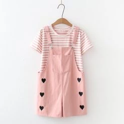 Juwas Side Hearts Overalls And Striped Shirt Set