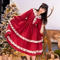 Juwas Lolita Red Plaid Lining Midi Dress NEW ARRIVAL