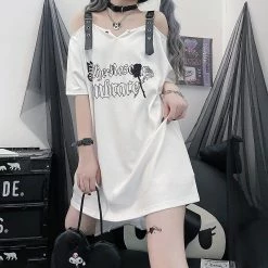 Juwas Gothic Letters Rose Print Off-The-Shoulder Long T-shirt NEW ARRIVAL