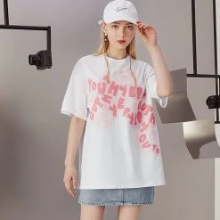 Juwas NEW ARRIVAL Graffiti Letter Print Cotton Loose T-shirt